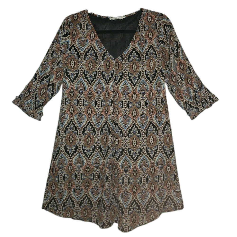 LUSH Boho A-Line Mini Peasant Dress Medium Roll-Tab Sleeve Flowy Art-to-Wear